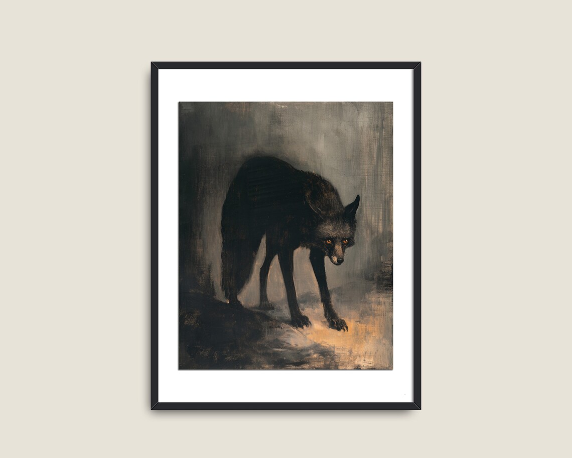 Black Wolf Amber Eyes Misty Forest Moody Wildlife Wall Art Poster - Image 2