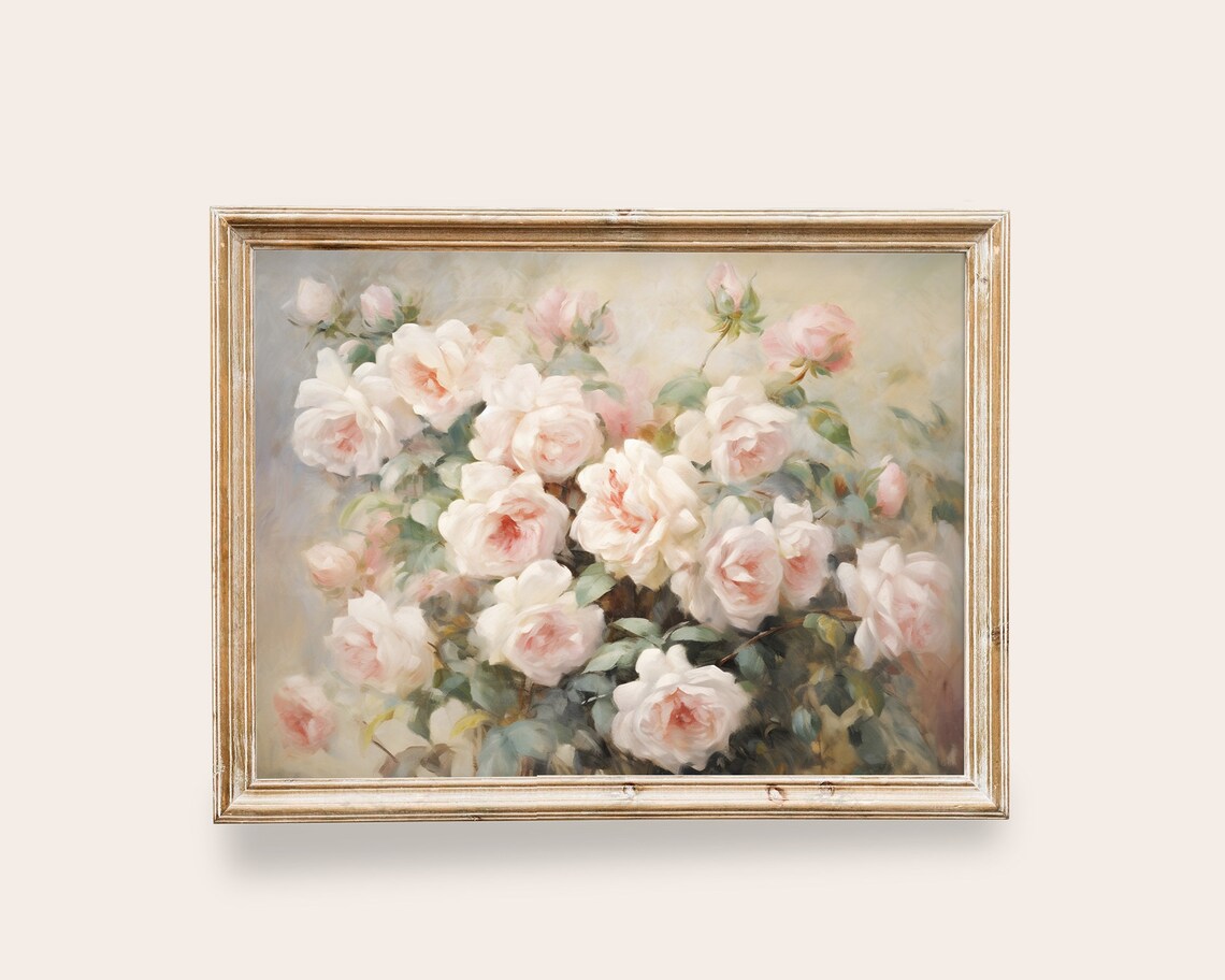 Pink Rose Bush Painting, Vintage Cottagecore Art Print