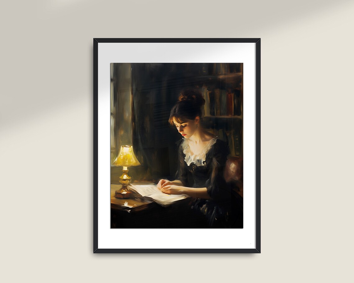 Woman Reading Vintage Books, Dark Academia Art Print - Image 2