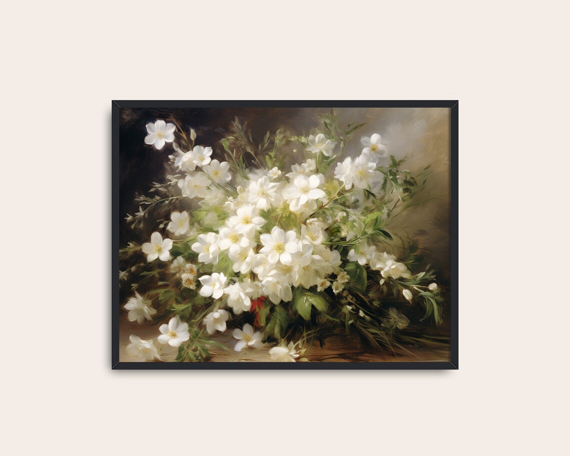 White Wildflowers Bouquet Vintage Style Soft Floral Wall Art Print - Image 3
