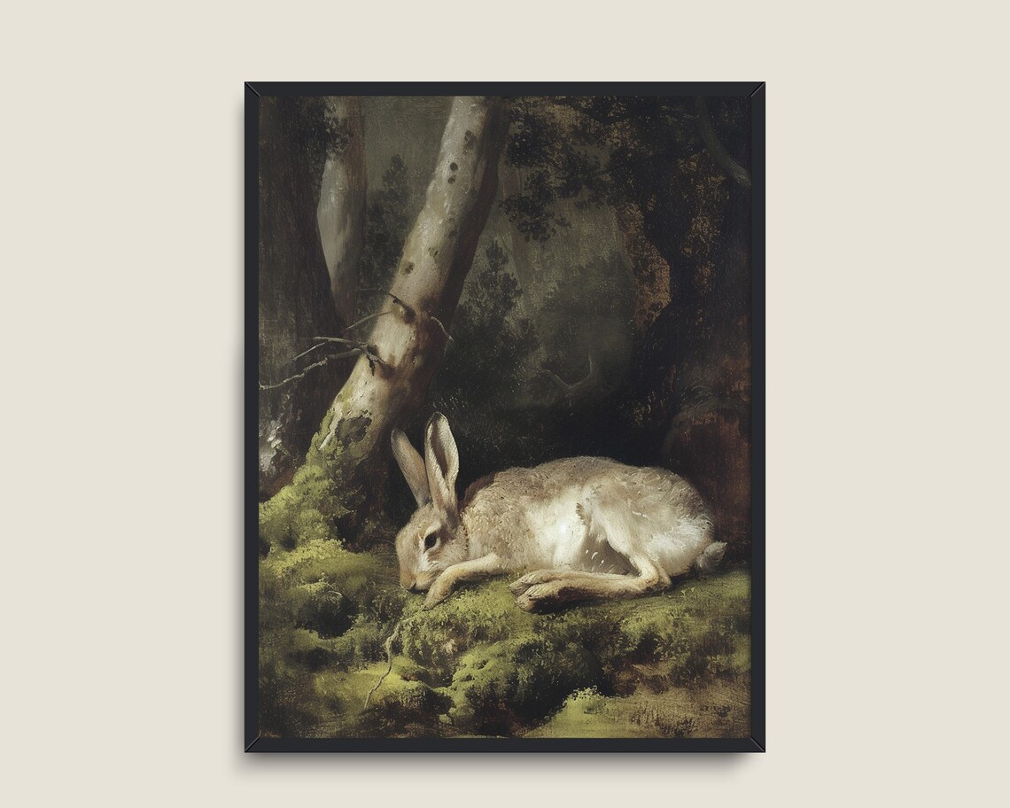 Resting Hare On Mossy Forest Floor Dark Woodland Vintage Art Print - Image 3