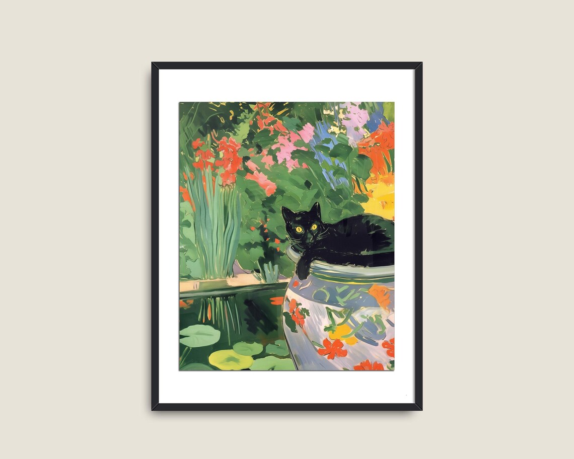 Black Cat Flower Garden Vase Colorful Impressionist Feline Wall Art Poster - Image 2