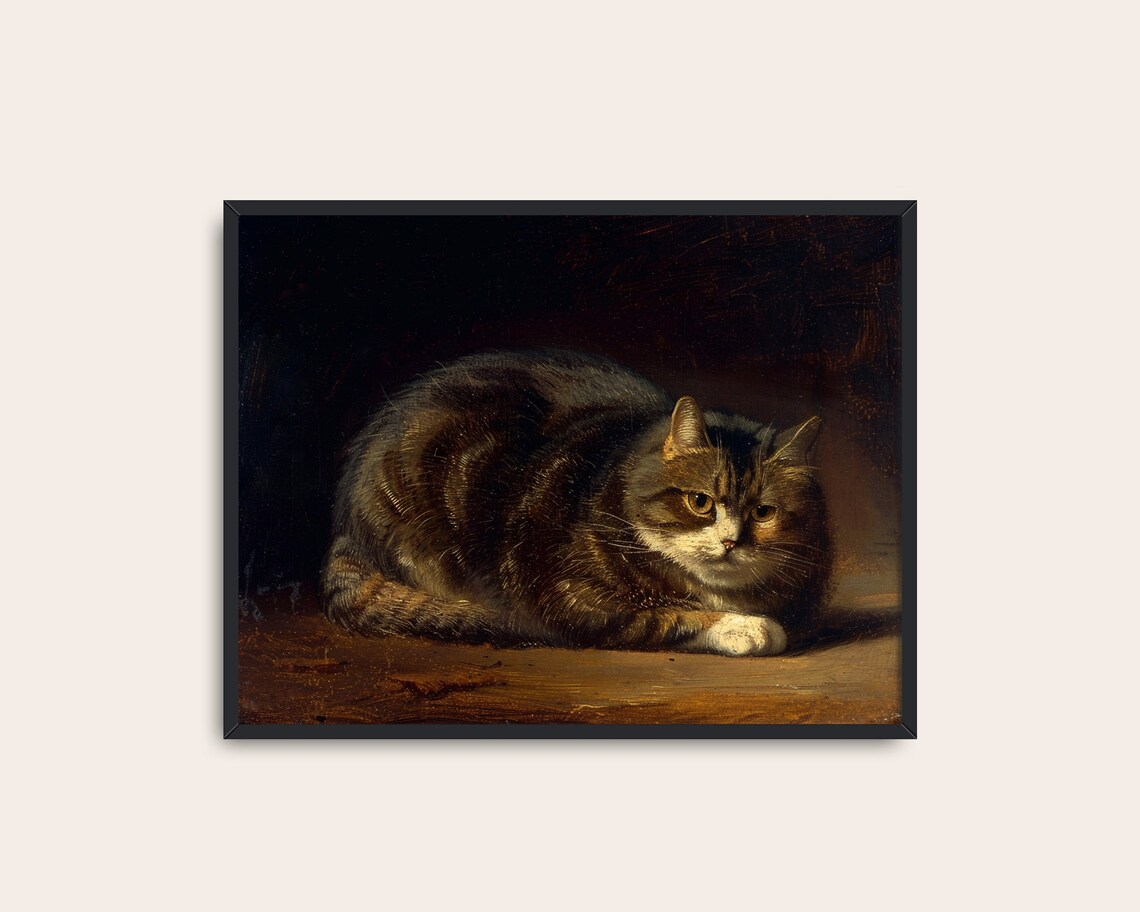 Moody Tabby Cat Resting on Wood Dark Vintage Feline Painting Poster - Image 3