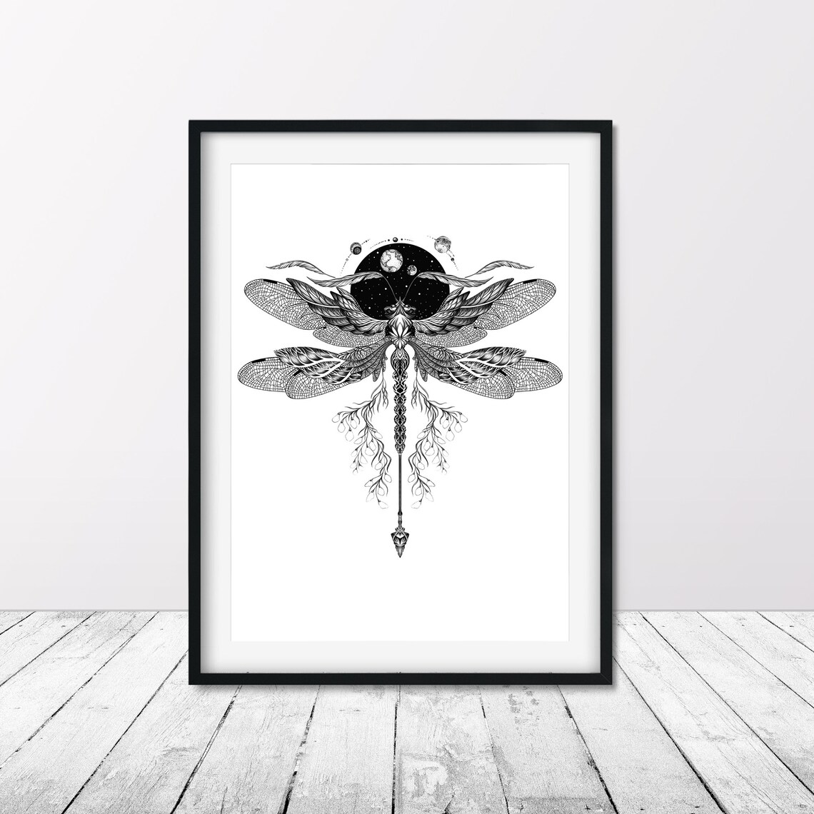 Black And White Dragonfly Cosmic Night Sky Detailed Line Art Poster - Image 4