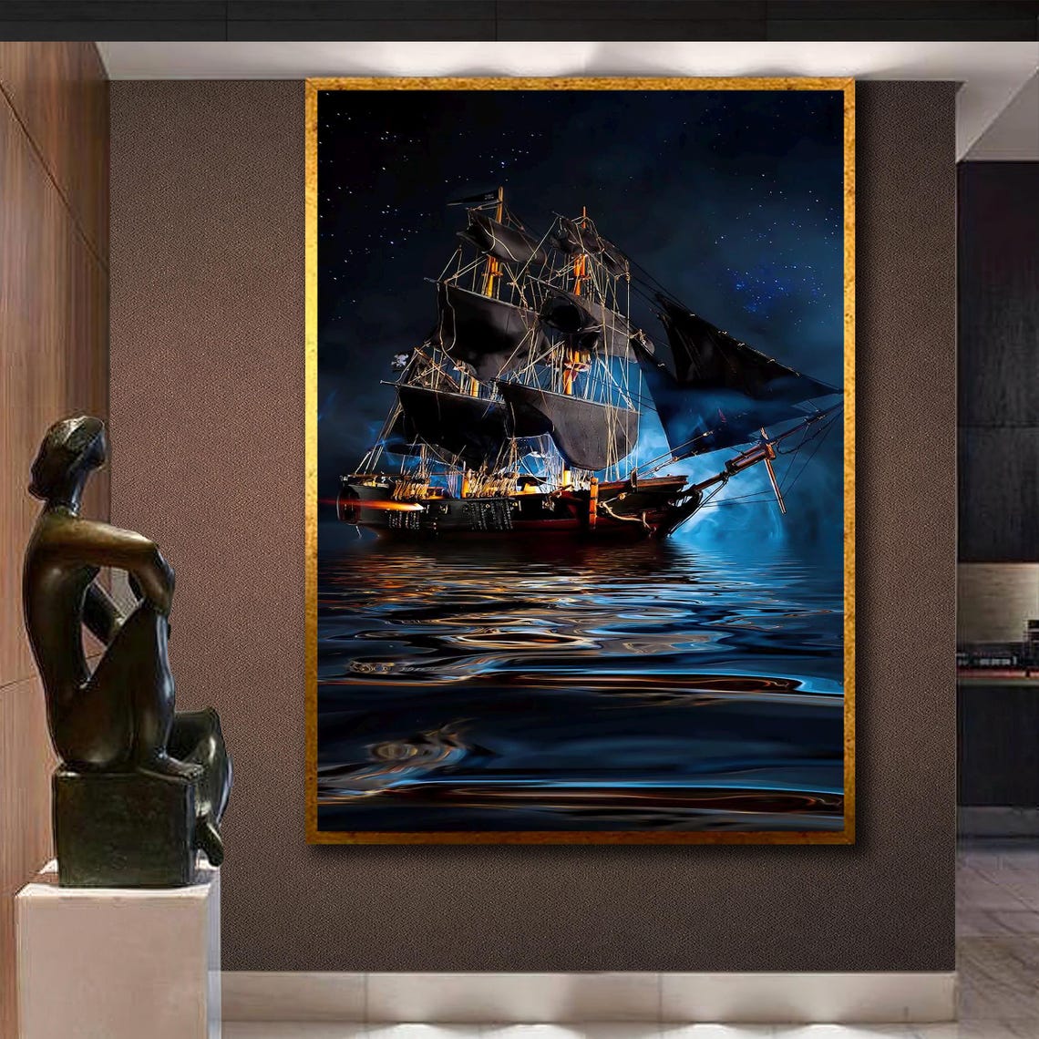Pirate Ship Sailing at Night on a Glowing Moonlit Sea Fantasy Poster