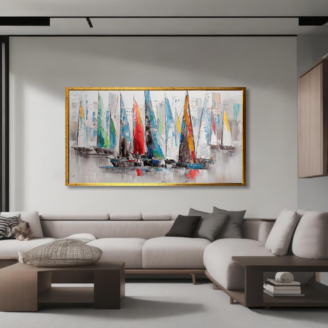 Colorful Abstract Sailboats Regatta Oil Painting Nautical Wall Art - Image 3