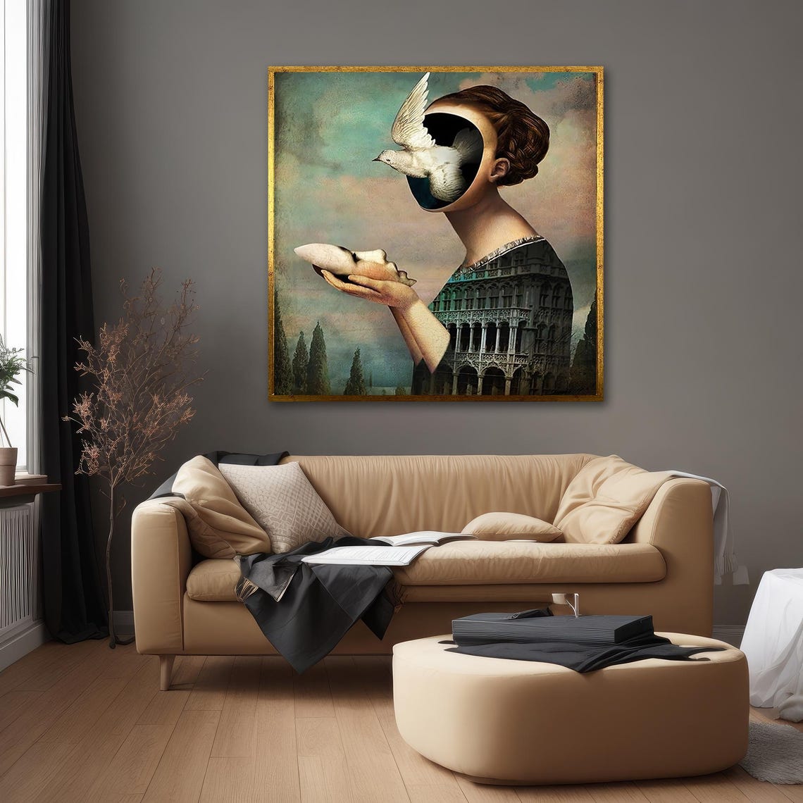 Surreal Woman With Dove Emerging From Face Dreamlike Art Poster - Image 3