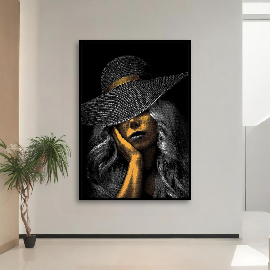 Mysterious Woman in Golden Hat Black and White Elegant Portrait Art Poster - Image 3