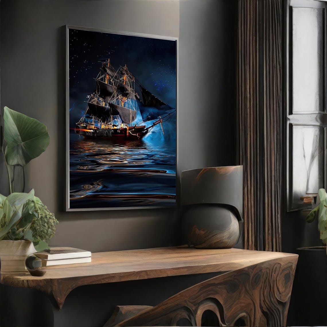Pirate Ship Sailing at Night on a Glowing Moonlit Sea Fantasy Poster - Image 4
