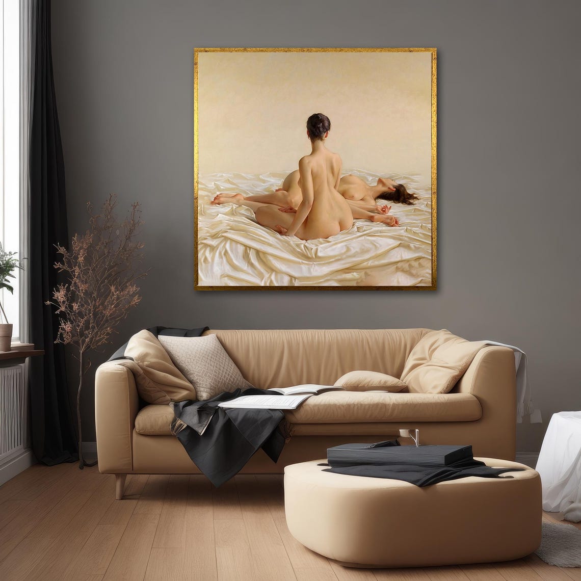 Two Nudes Ivory Satin Bed Classical Figure Painting Art Poster - Image 4