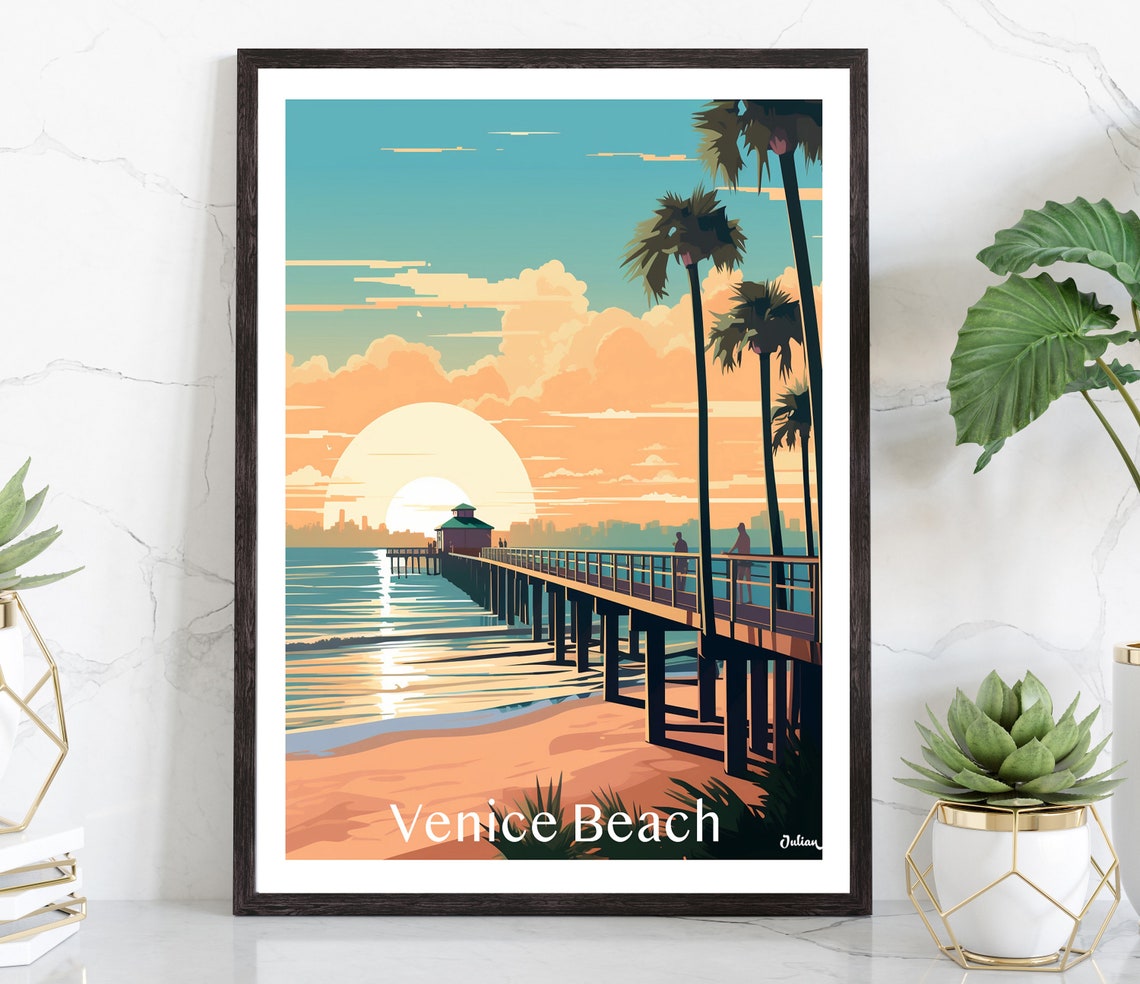 Venice Beach Fishing Pier Golden Sunset Florida Coastal Poster
