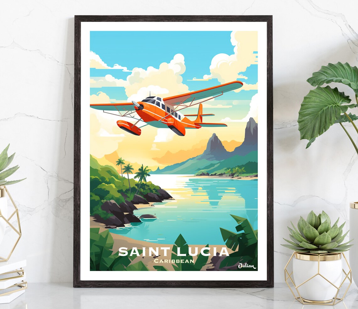 Saint Lucia Caribbean Seaplane Over Palm Beach Bay Travel Poster