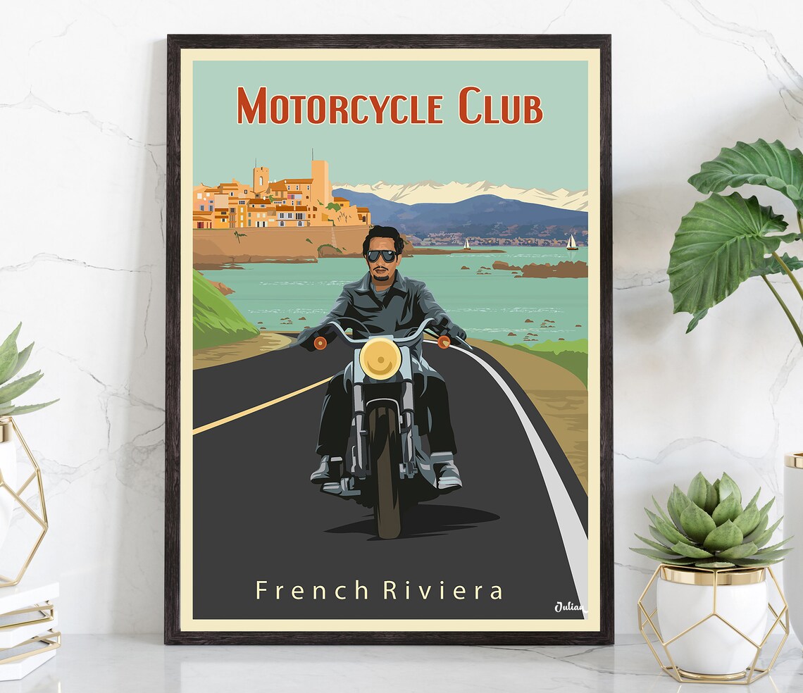 Motorcycle Club Classic French Riviera Coastal Road Rider Poster