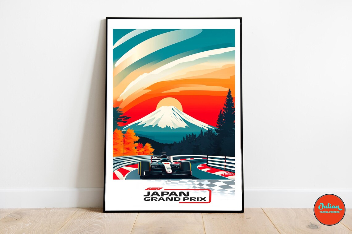 Japan Grand Prix F1 Race Car at Mount Fuji Sunset Track Poster