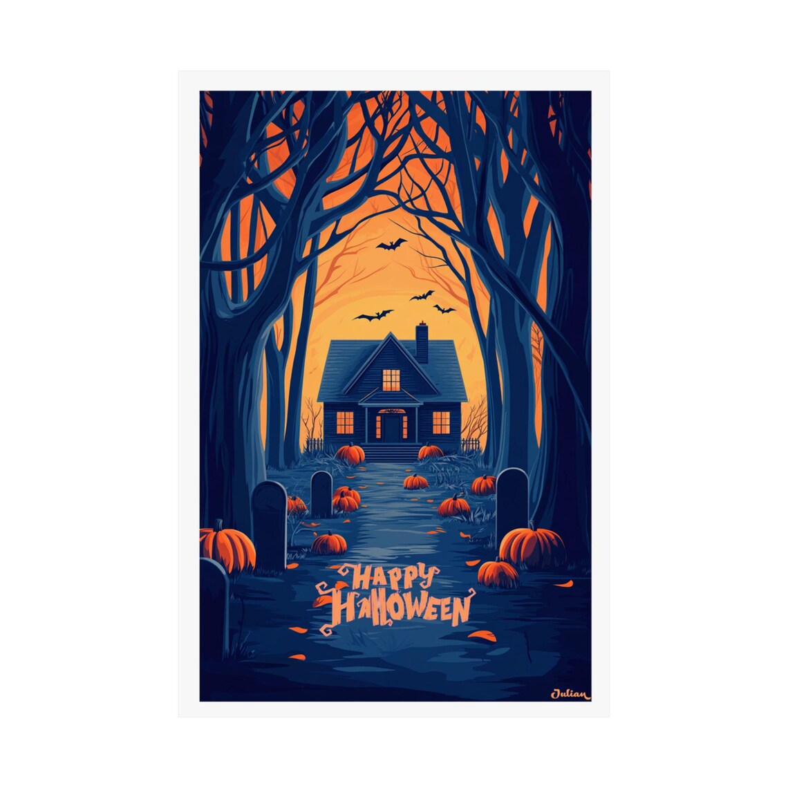 Happy Halloween Haunted House in a Spooky Tree Tunnel Poster - Image 2