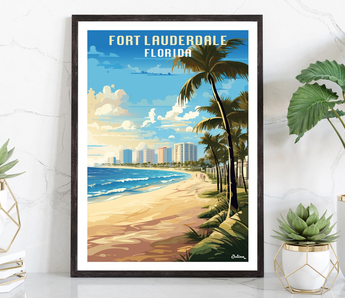 Fort Lauderdale Florida Golden Beachfront Skyline Travel Poster