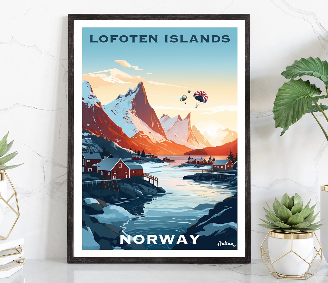 Lofoten Islands Norway Arctic Peaks Red Cabins Sunset Travel Poster