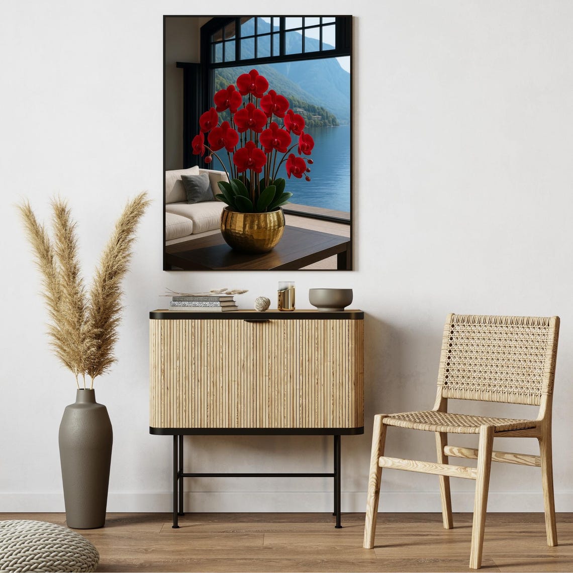 Red Orchids Gold Pot Lake Window View Bright Floral Photo Poster