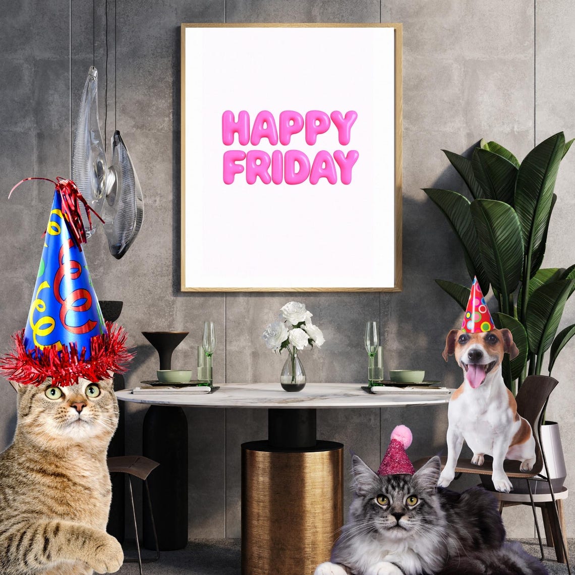 Happy Friday Fun Pink Balloon Lettering Office Cheer Decor Poster