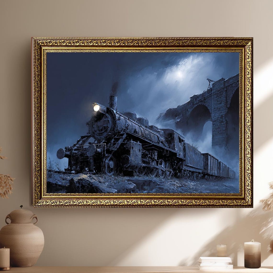 Moonlit Steam Locomotive Night Viaduct Gothic Art Painting Poster