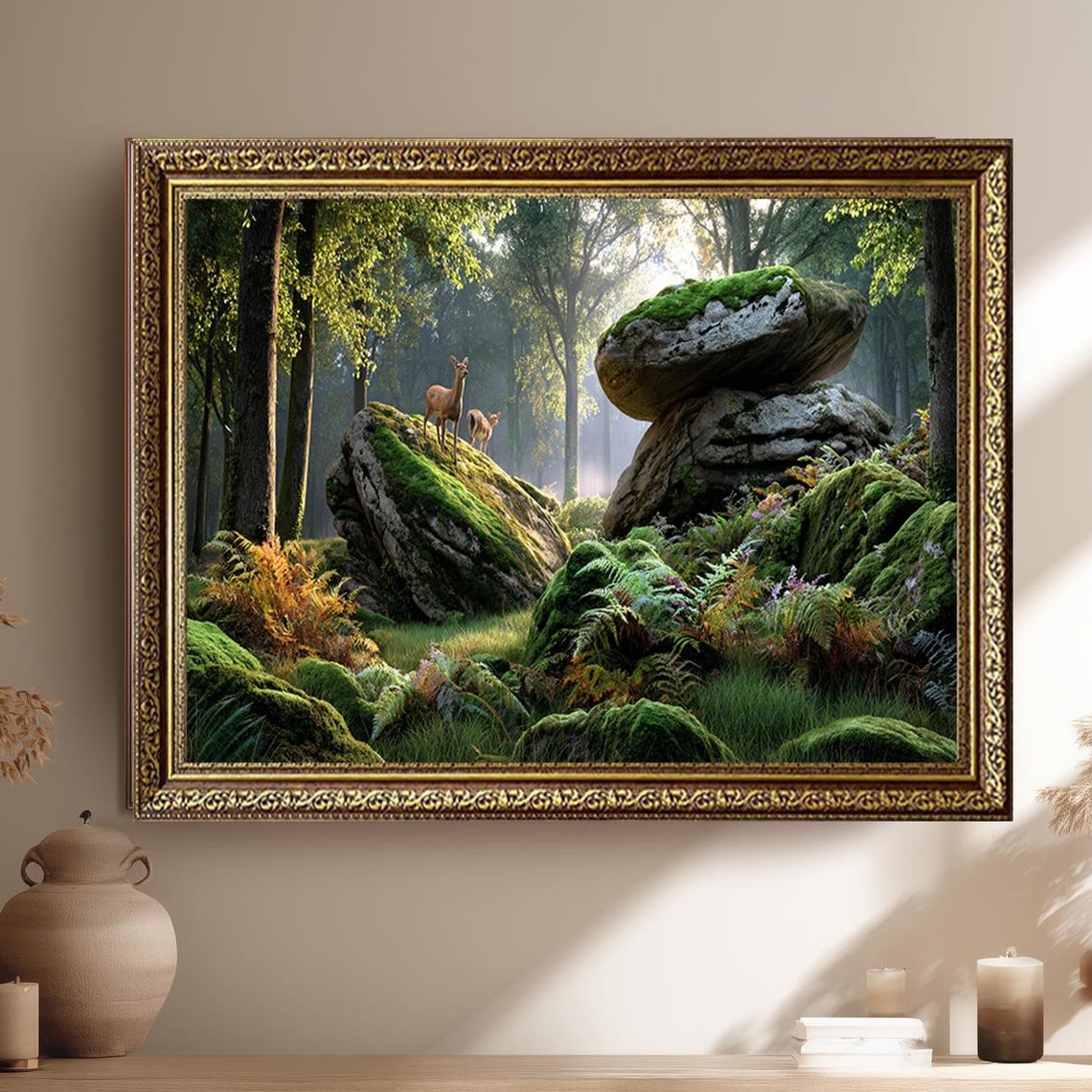 Deer Standing on Mossy Rocks in Sunlit Enchanted Forest Wall Art