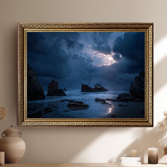Moonlit Shipwreck on Rocky Shore Under Stormy Cloudy Night Sky Poster