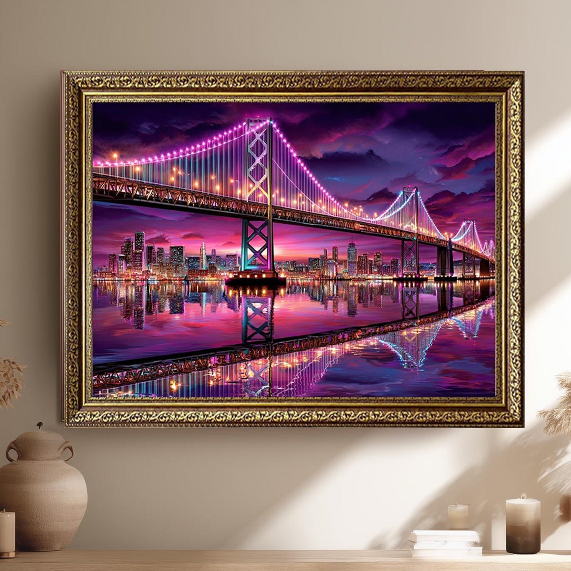 San Francisco Bay Bridge Neon Night Lights Skyline Reflection Poster