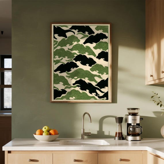 Oceanic Rhythm Japanese Woodcut Waves Green Black Abstract Dynamic Pattern Print Zen Water Art Unique Asian Decor