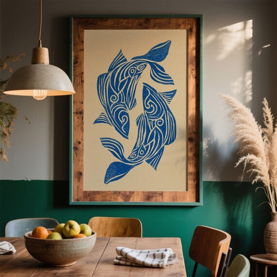 Abstract Blue Fish Art Print Minimalist Nautical Ocean Wall Decor Modern Coastal Home Design Unique Aquatic Life Poster
