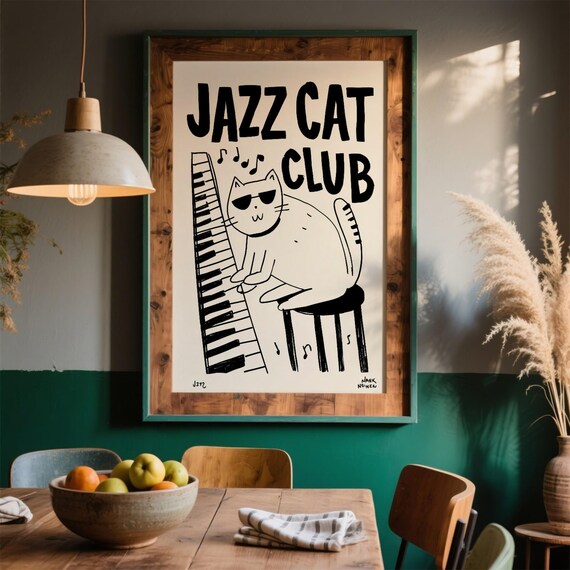 Jazz Cat Club Cool Cat Piano Black White Music Lover Fun Art Poster