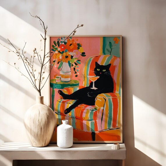 Black Cat Lounging With Cocktail Striped Armchair Fun Animal Art Poster