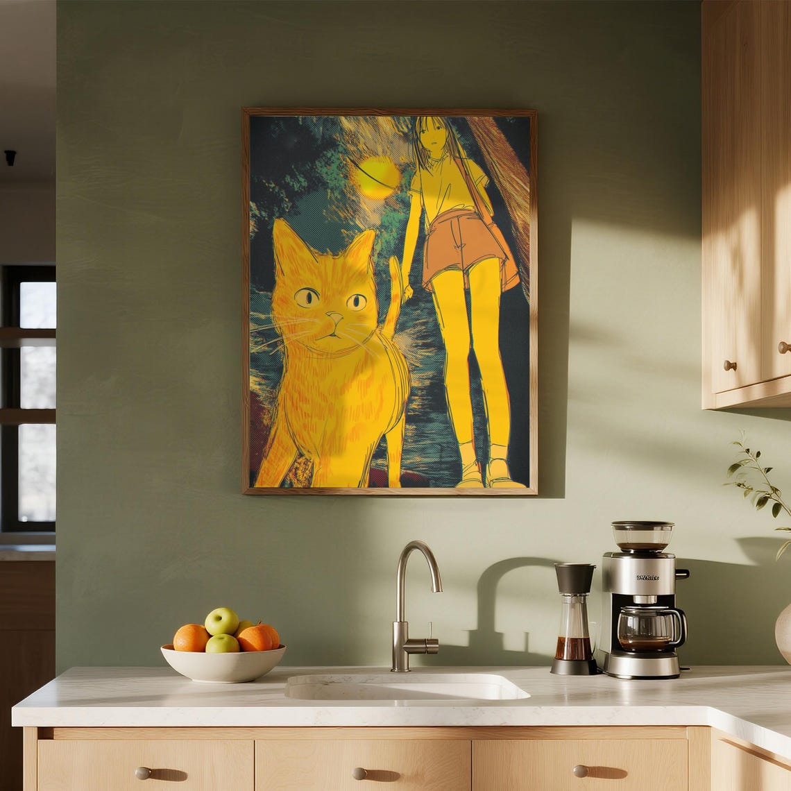 Vibrant Anime Girl Giant Orange Cat Night Pop Portrait Poster