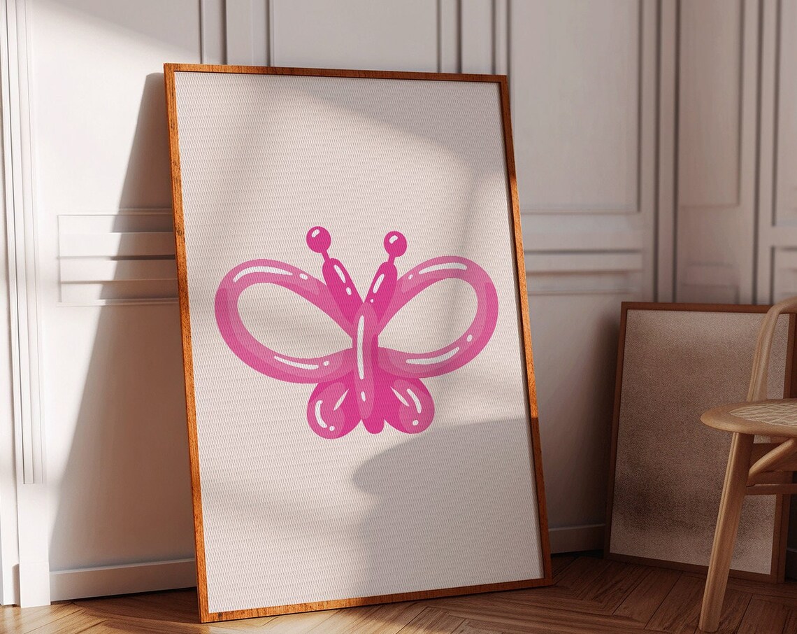 Cute Pink Balloon Butterfly Minimalist Boho Trendy Dorm Room Poster