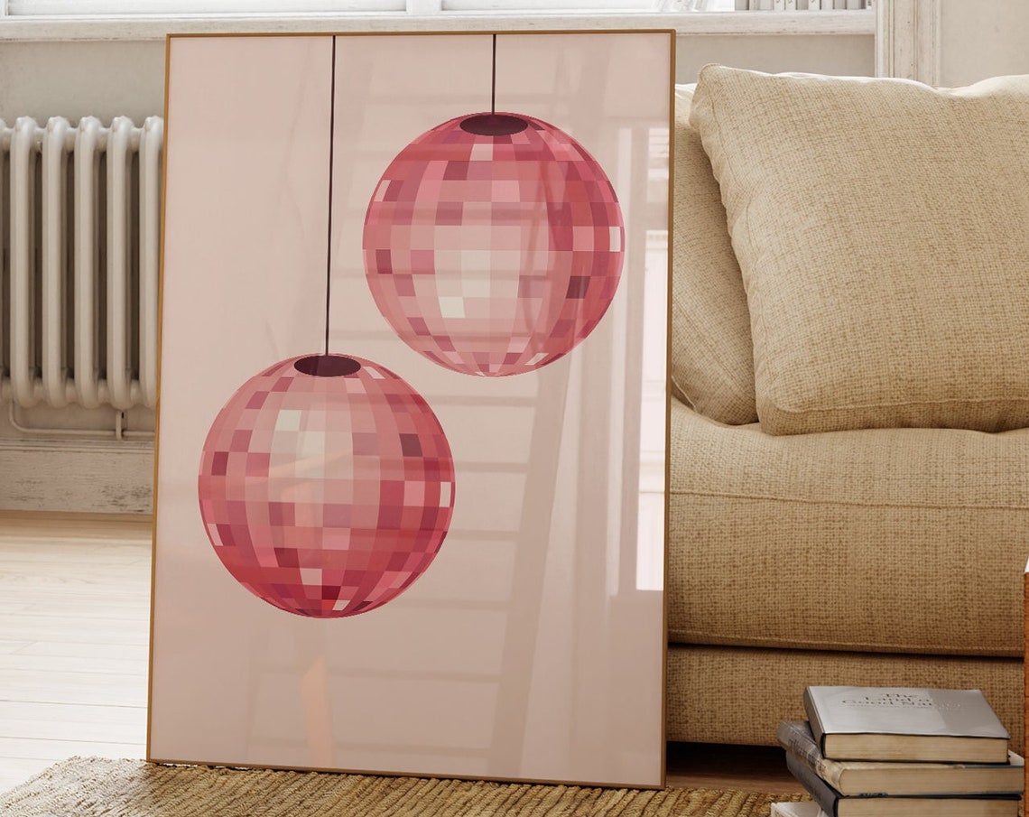 Two Pink Disco Balls Hanging Retro Party Fun Minimalist Wall Art