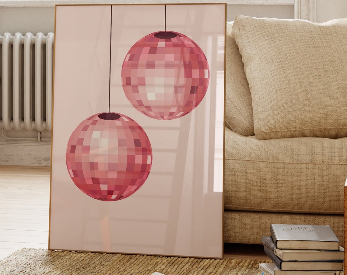 Twin Pink Disco Balls Hanging Minimal Blush Party Wall Poster