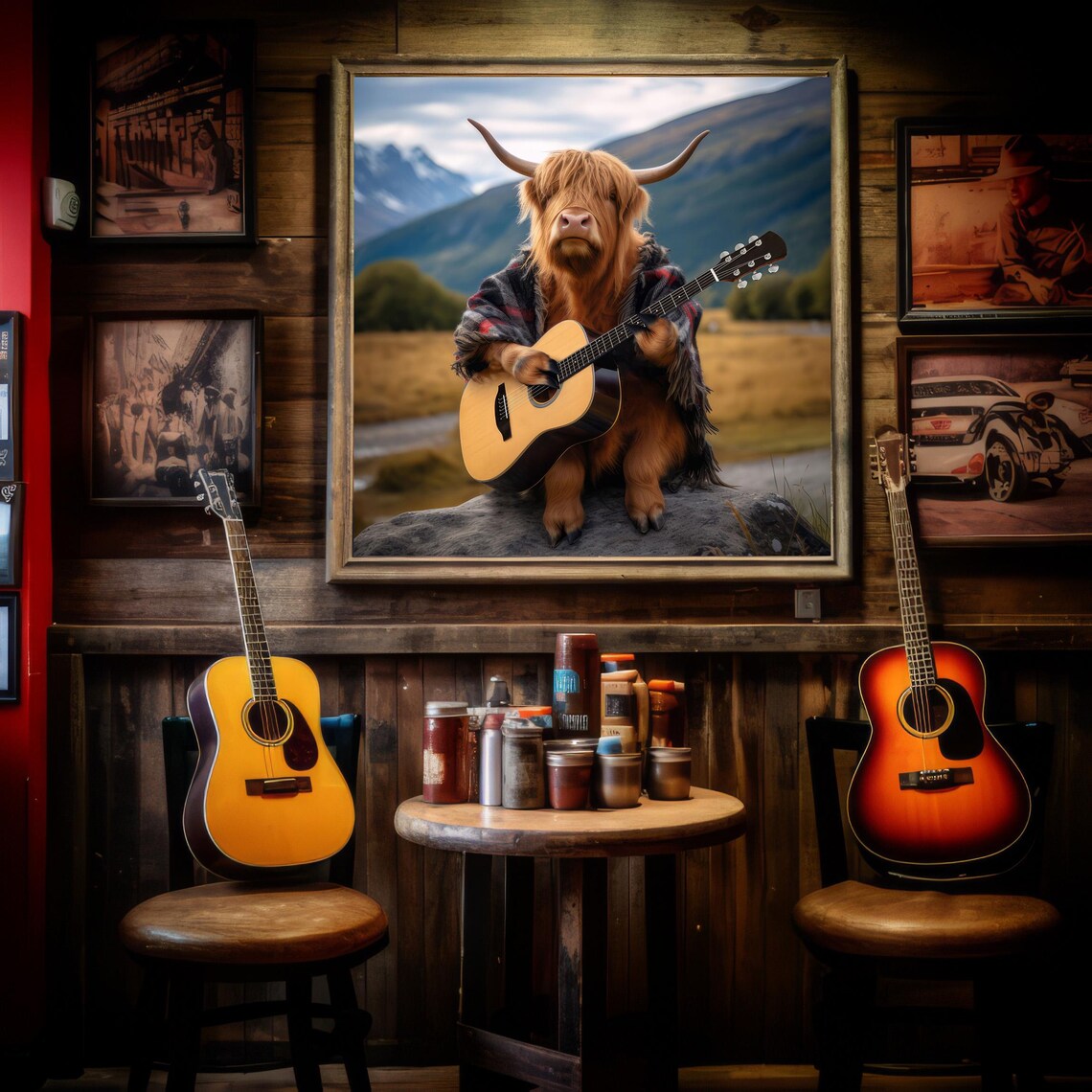 Highland Cow Playing Guitar, Funny Animal Art Print - Image 2