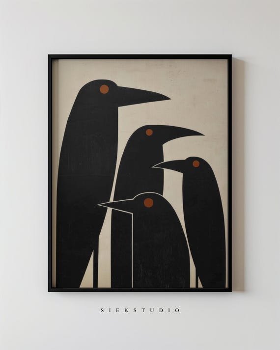 Modern Minimalist Crow Bird Illustration Abstract Bold Black And Beige Animal Wall Art Contemporary Nature Inspired Home 208