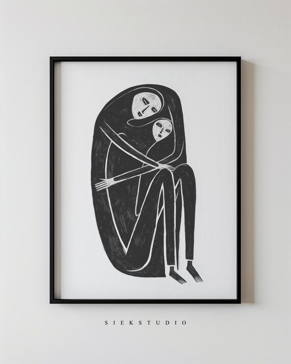 Abstract Mother And Child Minimalist Figurative Modern Black White Art Neutral Contemporary Wall Home Motherhood Artwork 190