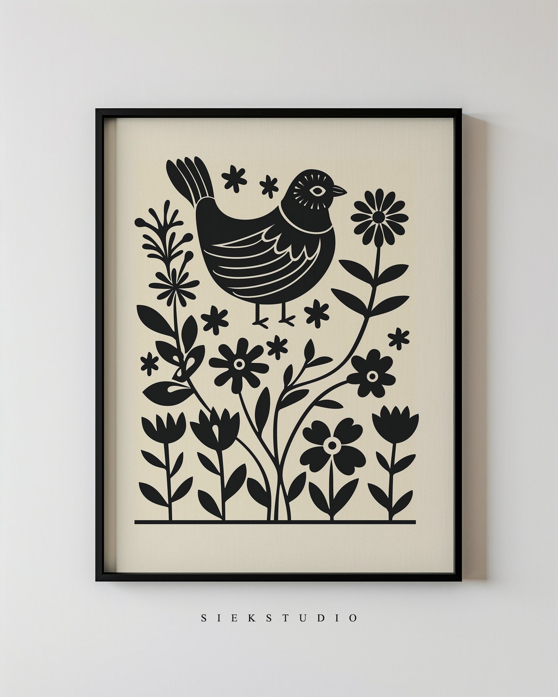 Folk Bird Garden Silhouette Botanical Black And Beige Poster
