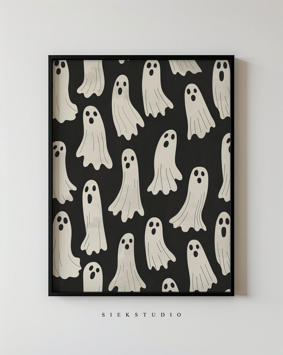 Cute Halloween Pattern Wall Art Spooky Decor Black And White Illustration Gothic Home