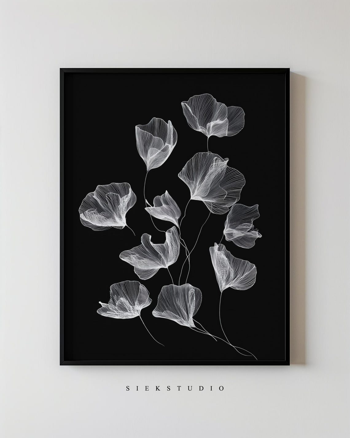 White Line Art Leaves On Black Background Minimalist Botanical Poster