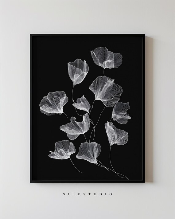 White Line Art Leaves On Black Background Minimalist Botanical Poster