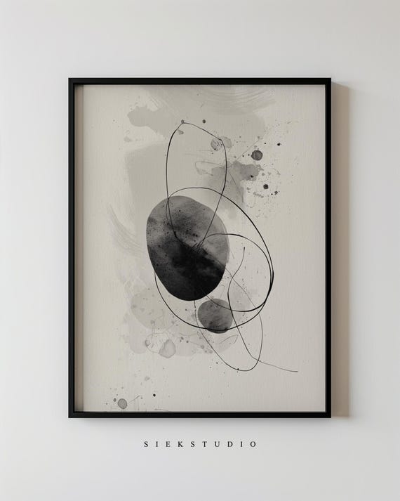 Modern Abstract Minimalist Ink Painting Neutral Black And Gray Line Drawing Paint Splatter Contemporary Wall Art For Living Room Decor 251