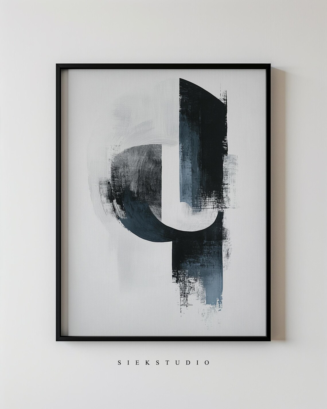 Minimalist Abstract Geometric Art Modern Black Blue And White Textured Shape Painting Neutral Wall Decor