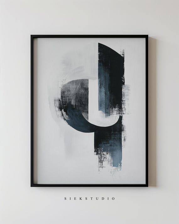 Minimalist Abstract Geometric Art Modern Black Blue And White Textured Shape Painting Neutral Wall Decor