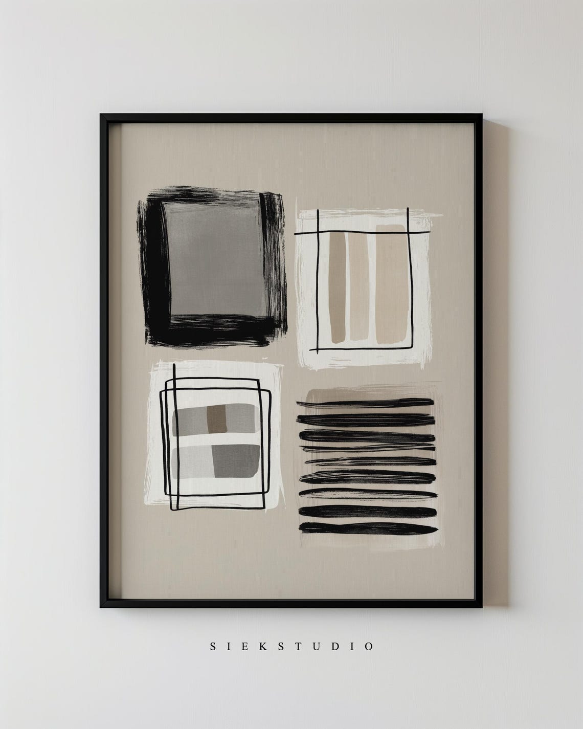 Hand Drawn Squares Stripes Black Beige Modern Abstract Art Poster
