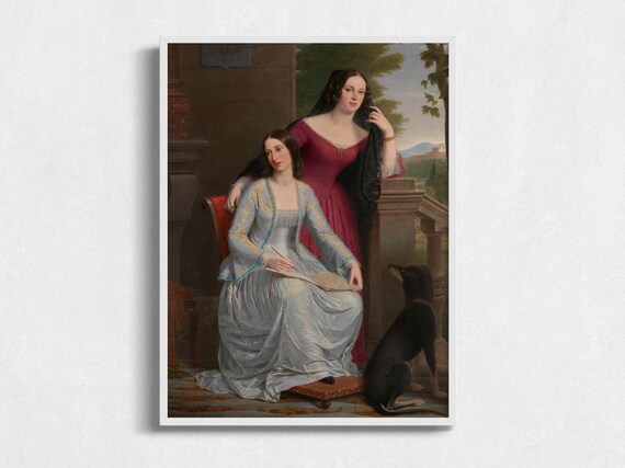 Two Sisters Balcony Greyhound Book Crimson Blue Gowns Portrait Art Poster