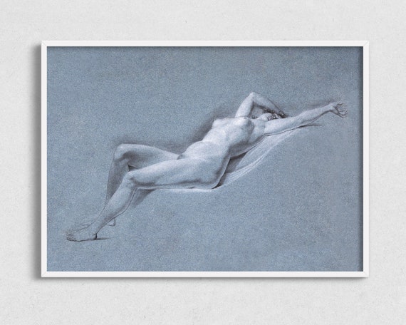 Reclining Nude In Blue Minimalist Vintage Sketch Of Nude Woman Abstract Print Figure Study Antique Drawing