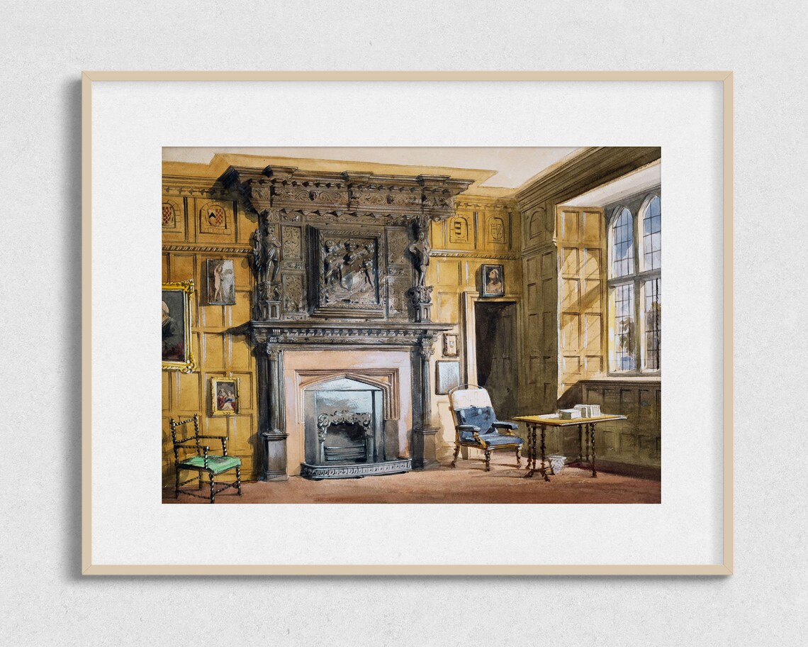Tudor Manor Grand Fireplace Wood Paneled Interior Vintage Art Poster - Image 2