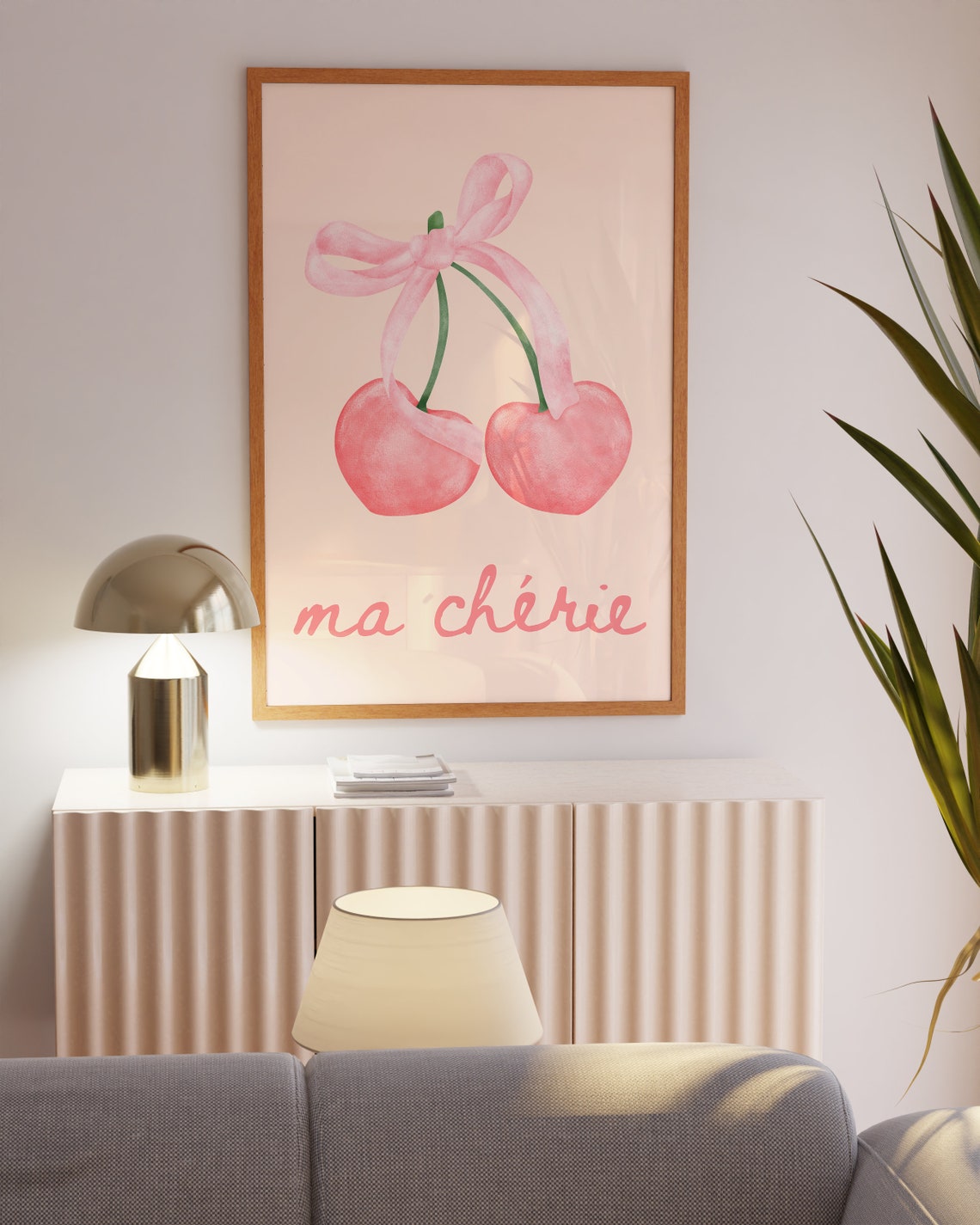 Ma Cherie Pink Watercolor Cherries With Bow Coquette Wall Art - Image 4